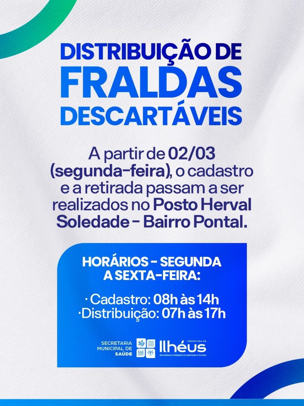 Prefeitura de Ilhéus informa novo local para cadastro e distribuição de fraldas descartáveis